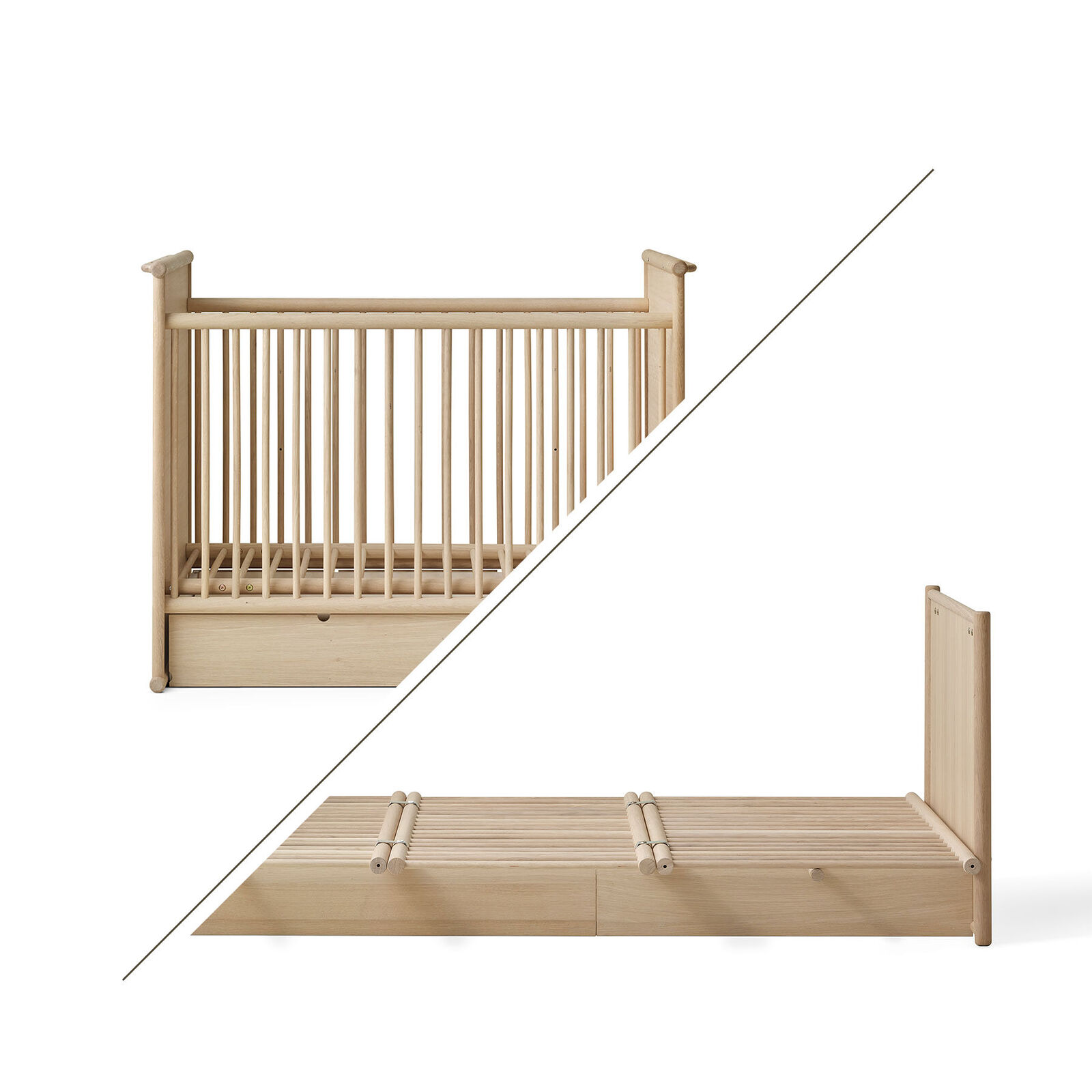 Mitwachsendes Babybett und großes, niedriges Kinderbett aus massiver Eiche. (Product)