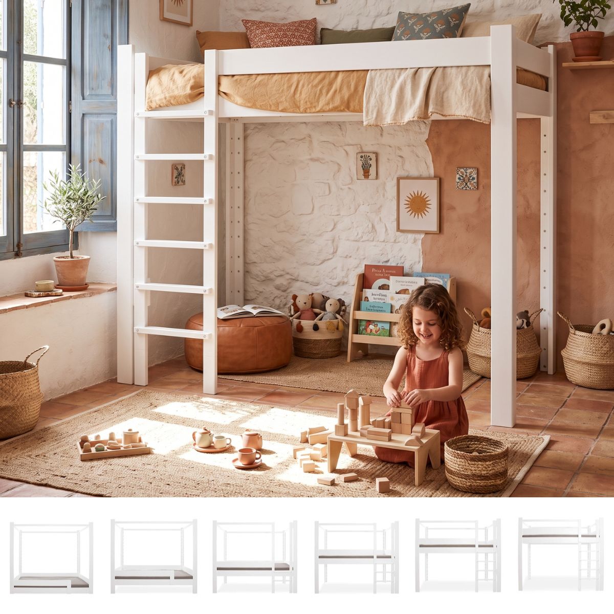 Mitwachsendes 7-in-1-Bett aus massiver Buche in Weiß. (Szene)