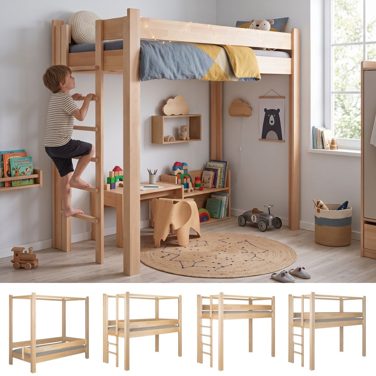 Mitwachsendes 5-in-1-Bett mit Leiter an der Kurzseite. (Szene)