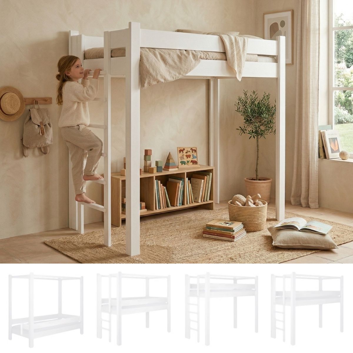 Mitwachsendes 5-in-1-Bett mit Kurzseitenleiter in Weiß. (Szene)