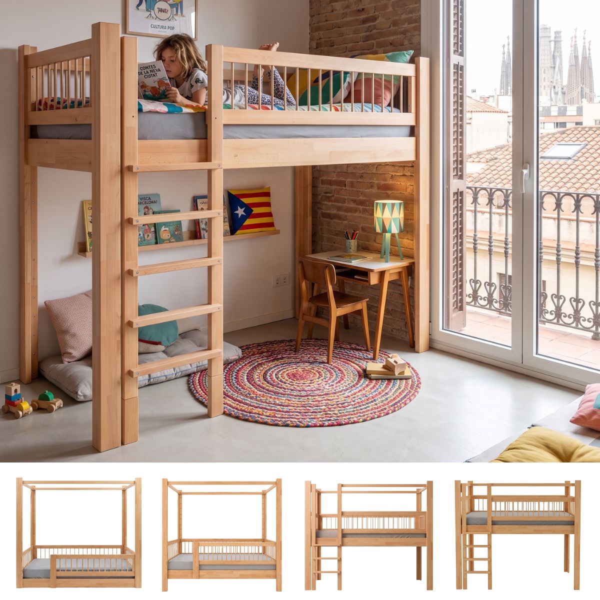 Mitwachsendes 5-in-1-KUBU-Bett aus massiver Buche in Natur. (Szene)