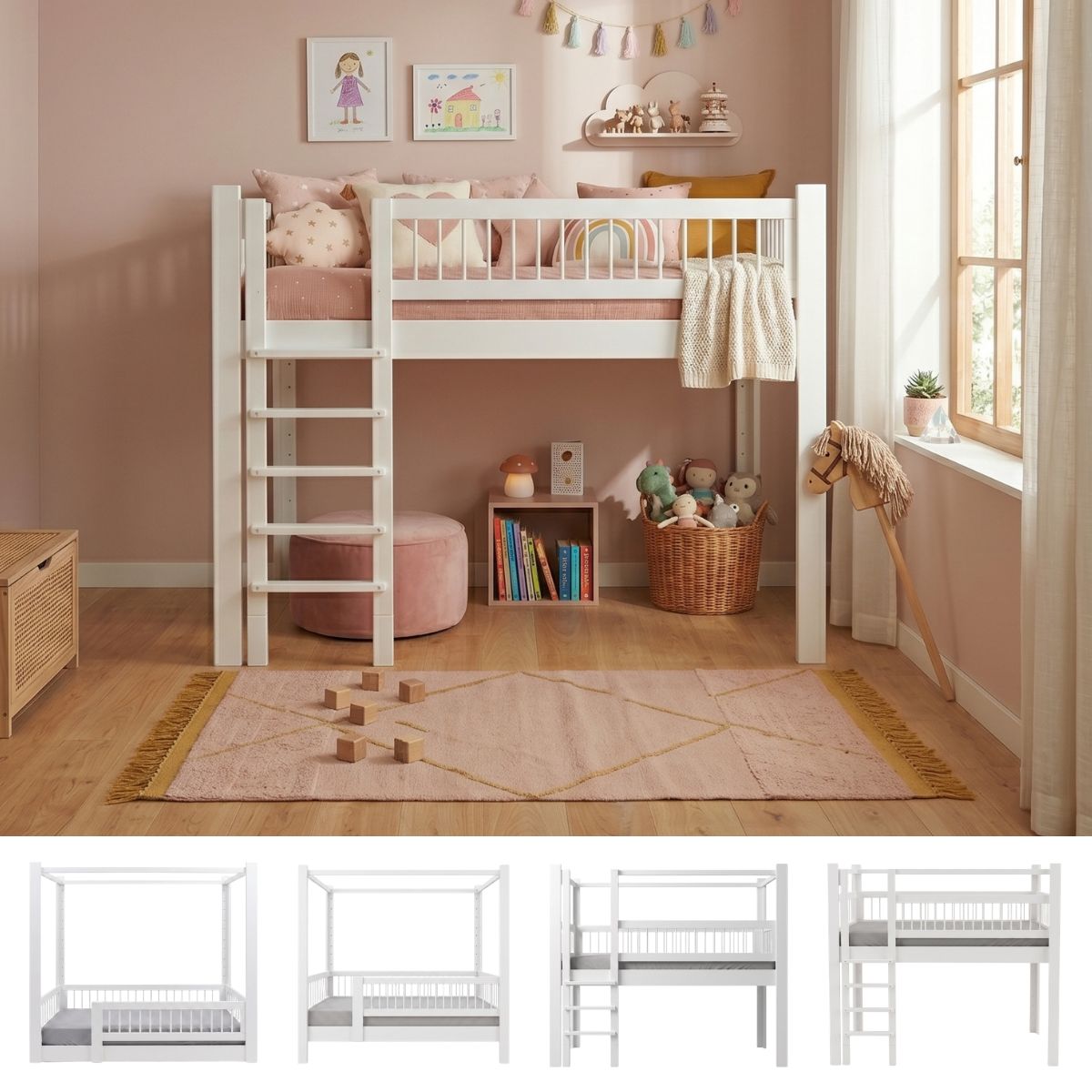 Mitwachsendes 5-in-1-KUBU-Bett aus massiver Buche in Weiß. (Szene)