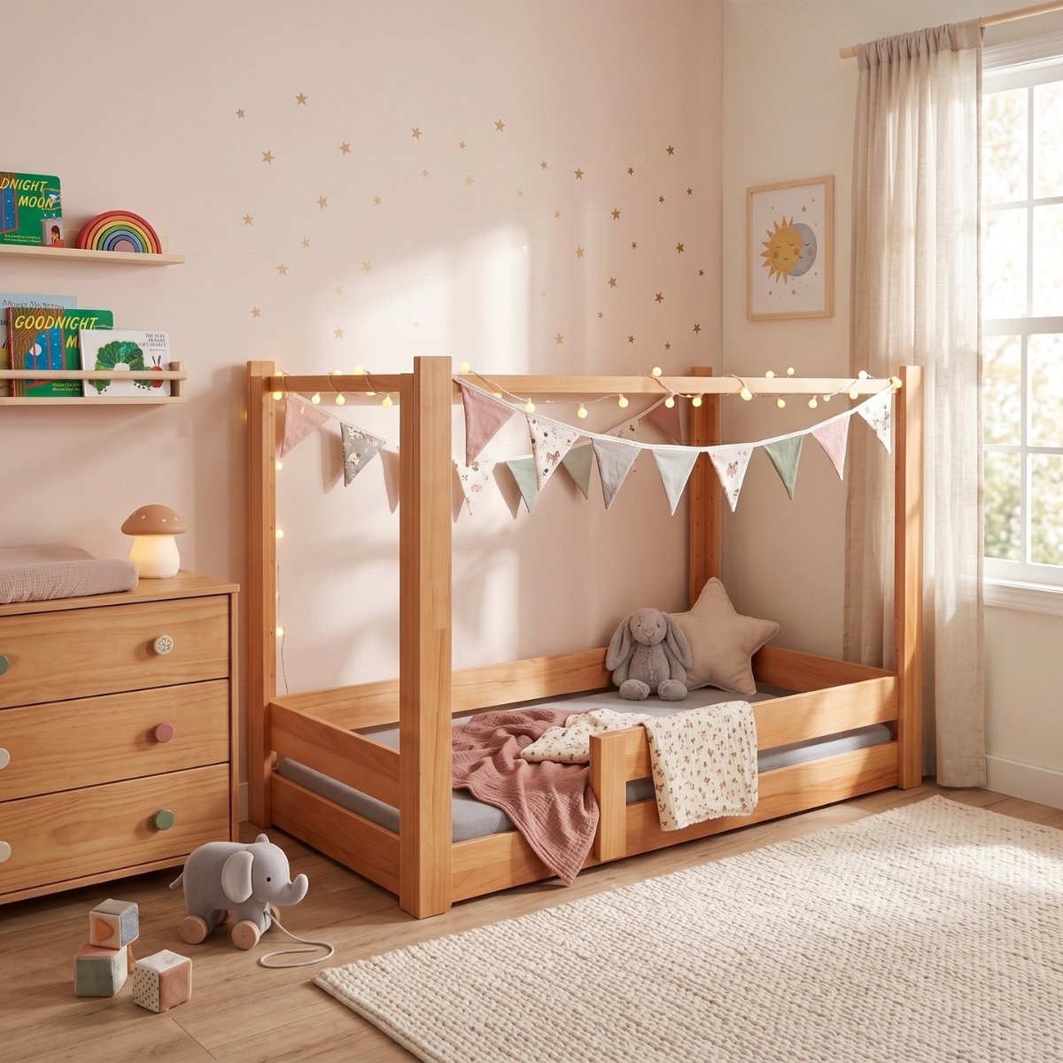Kompaktes 2-in-1-Montessori-Himmelbett aus geölter massiver Buche. (Szene)