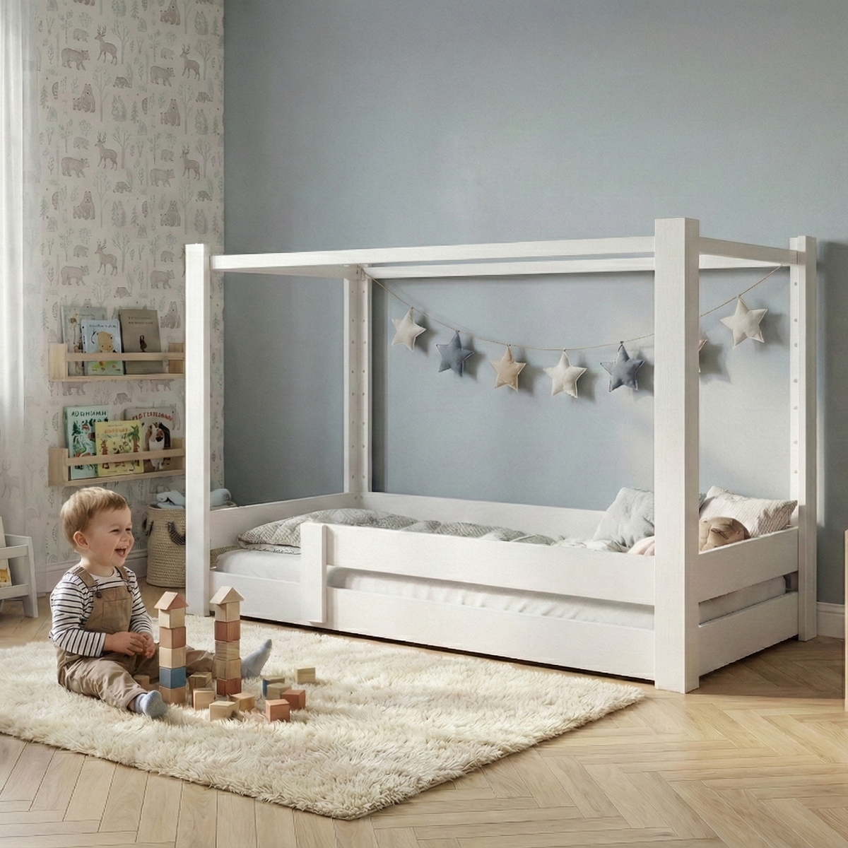 Kompaktes 2-in-1-Montessori-Himmelbett der DESTYLE-Kollektion. (Szene)