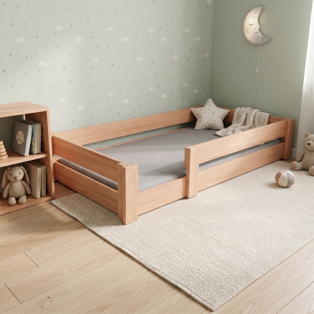 Montessori-Bett mit Sicherheitsbarriere aus massiver Naturbuche. (Szene)