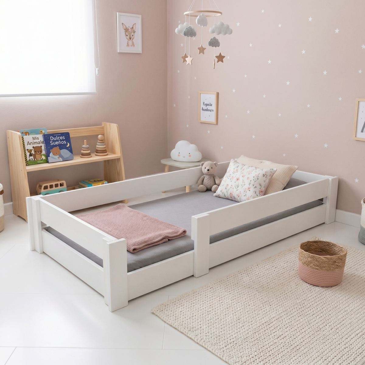 Montessori-Bett mit Sicherheitsbarriere aus massiver Buche in Weiß. (Szene)