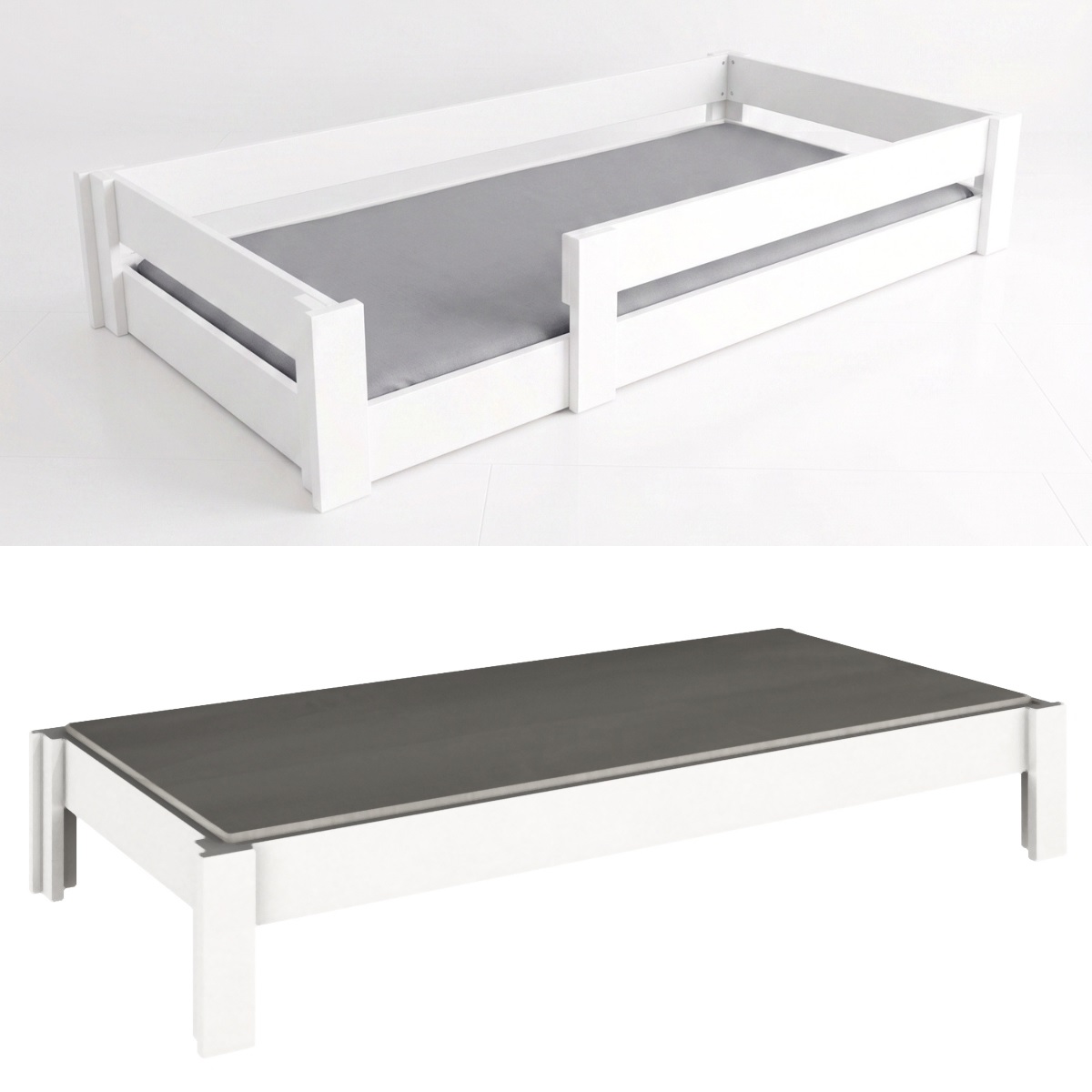 Montessori-Bett mit Sicherheitsbarriere aus massiver Buche in Weiß. (Product)