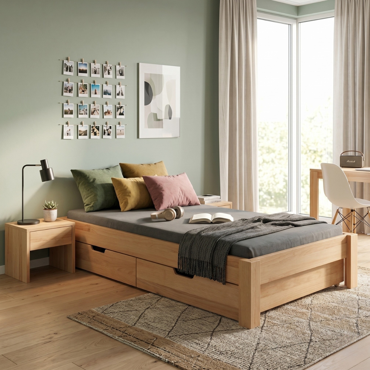 DESTYLE Bett 90 × 200 cm mit zwei Schubladen. (Szene)