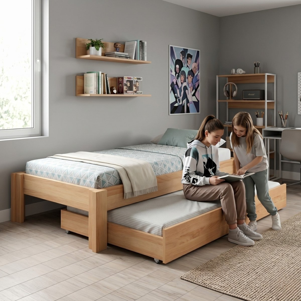 DESTYLE Bett mit zusätzlichem Ausziehbett in massiver Naturbuche. (Szene)