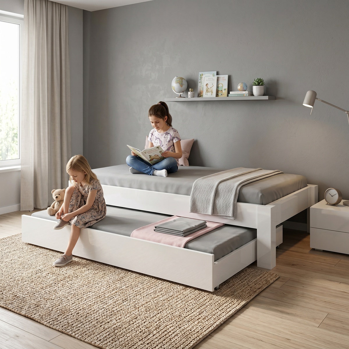 DESTYLE Bett mit zusätzlichem Ausziehbett in weißer Ausführung. (Szene)